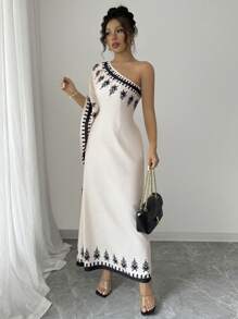 Elenzga Vestido largo con estampado floral y cuello asimétrico elegante para mujeres