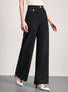 SHEIN BIZwear 女士优雅休闲工作装、约会、通勤、度假金属扣黑色裤子，春夏 - 黑色 - 查看 4