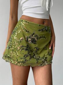 Aloruh 绿色亮片刺绣迷你裙，简约时尚，适合夏天 - 綠色 - 查看 6