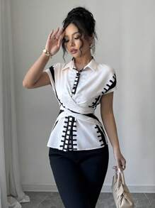 SHEIN Unity Women's Retro Lapel Tie-Waist Casual Patterned Short Sleeve Blouse, Summer - Apricot - View 3