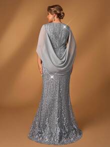 Serin Elegantes romantisches Maxikleid in Große Größen mit V-Ausschnitt, Luxus-Pailletten-Verzierung, Chiffon-Meerjungfrauen-Saum, Abendkleid für besondere Anlässe für Mütter
