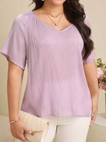 EMERY ROSE Plus Size Casual Solid Color Short Sleeve Shirt - Purple - View 2
