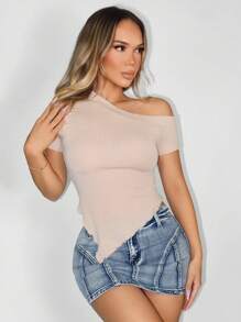 Zolique Women's Casual Solid Color Oblique Collar Asymmetric Hem T-Shirt