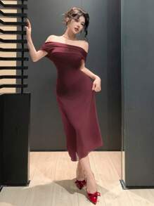DAZY Vestido de fiesta elegante con hombros descubiertos, plisado lateral, superposición de malla, vestido de graduación, vestido de fiesta, vestido largo - Color caoba - Ver 4
