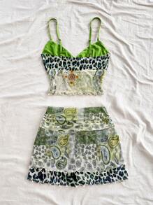 Soleia 波西米亚风、浪漫花卉、度假风、花卉图案七月四日服装夏季两件套，适合锐舞派对、节日庆典、新年夜等场合，也适合寒冷天气、滑冰、约会之夜、度假等场合。女士两件套度假佩斯利印花半身裙搭配豹纹拼接吊带背心，两件套女装。夏季女装、舞会礼服、复活节、圣帕特里克节、海滩。西式女装、娇小女装、波西米亚风、派对装。 - 彩色 - 查看 2