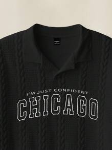 Manfinity Unisex Camisa polo de punto de cable con gráfico de letras para hombres, estilo ivy, vuelta al colegio, cosas de pareja - Negro - Ver 6