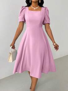 Lyxana Elegante e alla moda vestito blu da donna versatile per uso quotidiano, con scollo quadrato, maniche a palloncino e vita svasata
