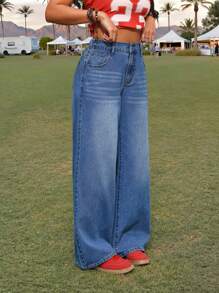 SHEIN EZwear Damen Lässig Fitted Weite Bein Blaue Jeans Sommer für Frauen, Konzert Streetwear für Damen