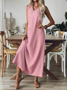 Breezaya 女士 V 领无袖纯色休闲宽松舒适连衣裙长款女装 - 粉色 - 查看 4