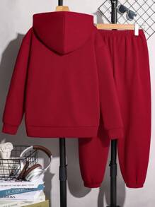 SHEIN Tween Boy 2 Pieces Hoodie & Sweatpants Set, Versatile All-Match, Suitable For Autumn/Winter - Burgundy - View 2