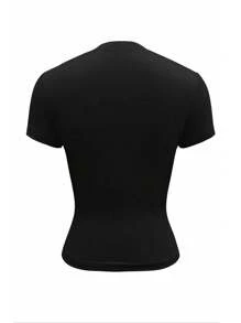 SHEIN EZwear 女士黑色字母纽扣短袖休闲短款 T 恤