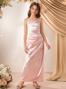 Girls' Simple Elegant Fashion Sleeveless High Waist Fitted Solid Satin Shiny Dress, Suitable For Flower Girl Wedding, Pink - Pink - View 7