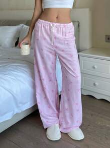 SHEIN Elegant Low Waist Sweet Floral Bow & Stripe Print Long Pants, Comfortable For Casual Wear, Suitable For Spring/Summer, Home - Pink - View 1