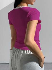 Calvaya Maglietta casual da donna taglie forti con maniche corte, decorata con pizzo a contrasto e fiocco