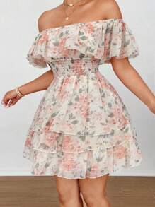 Flirla Plus Size Off Shoulder Romantic Floral Layered Cake Dress - Yellow - View 4