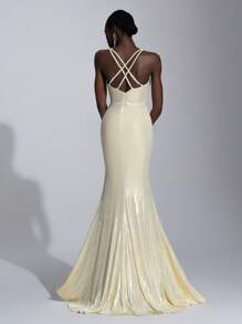 Elitara 优雅奢华涂层裹身弹力针织褶饰性感 V 领鱼尾裙，适合婚礼、派对、度假、舞会、晚会（装饰风格）、正式、派对礼服、礼服，适合婚礼宾客