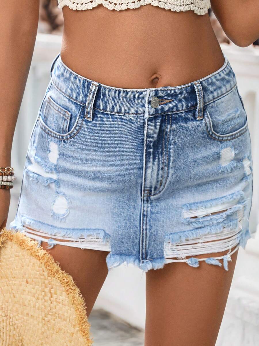 Breezaya Women's Pockets Ripped Fringe Hemline Short Denim Skirt