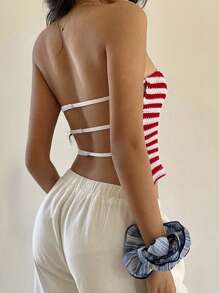 Sunnyshic 女士休闲条纹露背抹胸，百搭适合春夏季假期 - 紅色 - 查看 3