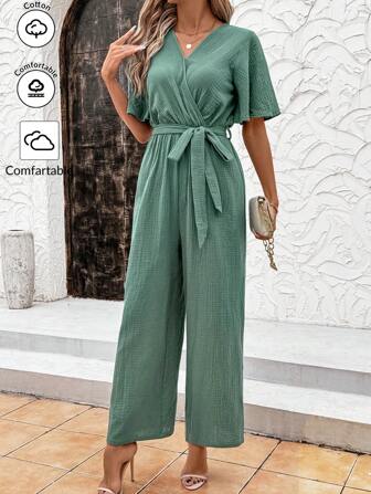 SHEIN Clasi Women's Elegant Crinkle Fabric V-Neck Frill Trim Cinched Waist Waist Long Jumpsuit 100% Cotton Overalls Women Vacation Jumpsuit Jumpsuit For Women Summer Outfits For Women