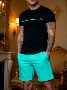 Manfinity Homme Men Letter Print Round Neck Short Sleeve Casual T-Shirt And Drawstring Waist Shorts 2 Pieces Set, Men's Travel Daily Commute Vacation INS Set Style, Offering Comfort And A Relaxed Fit, Perfect For Couples' Gatherings, A Thoughtful Gift For Husbands, Boyfriends, Girlfriends, Or Dads, Suitable For Outdoor Travel, Available In Multi-Piece Sets, Ideal For Wedding Parties, A Beautiful INS Versatile Piece For Parties, A Must-Have For Spring And Summer Gatherings, Blending A Fashion Style Of Maturity, Steadiness, And Wisdom, Especially Suitable For Middle-Aged And Young Successful Individuals. - Multicolor - View 1