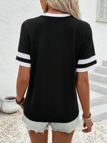 Selianne Women Round Neck Minimalist Chic T-Shirt, Suitable For Summer - Black and White - View 2