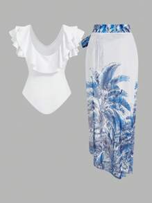Swim Oasis 1 Pc Ruffled One Piece Swimsuit + 1 Pc Palm Tree Printed Cover-Up Skirt 2 Pieces Set For Summer Beach Vacation - Blue and White - View 2