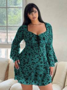 Flirla Plus Size Elegant Floral Flocked & Mesh Bell Sleeve Tie Waist Dress