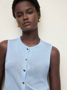 BizChic Women Round Neck Blue Button Up Open Shoulder Casual/Work/Travel Cardigan Top In Fall/Winter - Blue - View 5