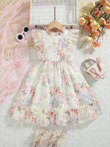 Young Girl' Rose Ditsy Floral Sleeveless Puff Dress, High Quality Princess Style Summer Swing Dress With Back Zipper, Cute & Sweet Daily/Casual Wear - Pink - View 6