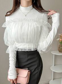 FRIFUL Women Stand Collar Long Sleeve Mesh Patchwork Ruffle Hem Fashionable T-Shirt - White - View 3