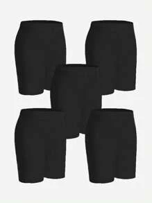 5pcs/Set Young Girl Plain Black Minimalist Comfortable Leggings Shorts, School, Campus, College Summer Holiday - Black - View 5