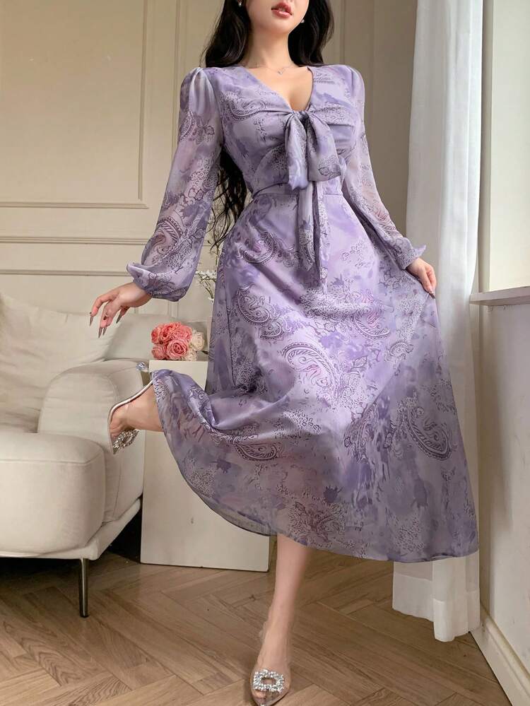 Ditsy Floral V-Neck Tie Up Twisted Chiffon Dress With High Slit, Palace Style & Print Elegant,Fall Dress Long Sleeve Dress Easter