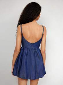 Maija 女士蓝色牛仔吊带荷叶边中长连衣裙 - 深色水洗藍 - 查看 2