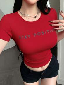 DAZY Women's Summer Round Neck Fitted Short Sleeve Letter Print Basic T-Shirt, Red Top - Red - View 2