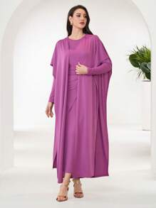 Al Najma 2 chiếc váy dài tay cổ tròn cho nữ kèm khăn choàng, chân váy bó sát + áo ngoài, mùa xuân/hè - Màu đỏ tím - Xem 7