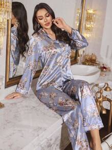 花卉印花仿丝领长袖长裤睡衣套装 - 淺灰色 - 查看 5