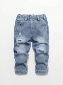 Infant/Toddler Boys Casual Denim Jeans, Comfortable Versatile Streetwear, Lightweight For Spring/Autumn - Light Wash - View 3