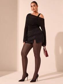 SHEIN BAE Plus Size Burgundy Sheer Leggings, Spring, Valentine's Day, Easter, Sexy, Y2K, Fashion, Chic, Music Festival - Coffee Brown - View 4