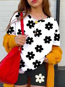 SHEIN Leap Crew 2 件套 Tween 女童可爱花卉印花休闲简约短袖 T 恤和短裤套装，适合夏季 - 彩色 - 查看 1