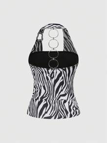 ROMWE J-Fashion Vintage Sexy Lace Splice Halter Keyhole Back Zebra Striped Rhinestone Buckle Women Camisole - Black and White - View 2