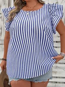 SHEIN CURVE+ 条纹蝴蝶袖衬衫 波西米亚风度假 - 藍白色 - 查看 4