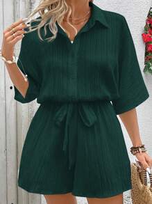 SHEIN VCAY Plus Size Effen Kleur Korte Mouw Romper, Eenvoudig En Modieus, Geschikt Voor De Zomer