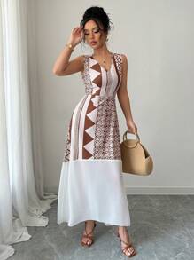 Calvaya Vestido sin mangas elegante con estampado y empalmado para mujeres