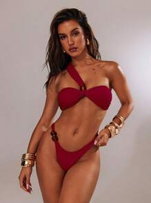 SHEIN BAE Women's Red One Shoulder Knitted Bikini Top With Twist Detail And Micro Crop Length - Red - View 7