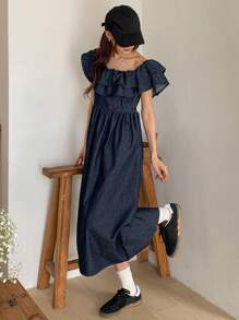 DAZY New Spring Style Vintage Distressed Women Denim Dress, Summer,Ruffle - Blue - View 2