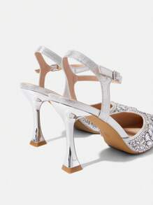 CUCCOO TILAWA 女士银色尖头水晶装饰奢华正式婚礼派对细高跟穆勒鞋 - 銀色 - 查看 5