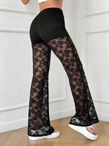 SHEIN EZwear Pantalones con volantes y cintura fruncida de encaje negro para mujer