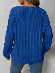 大码女士休闲大码 V 领宽松罗纹灰色运动衫，适合秋冬季