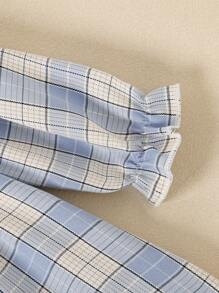 SHEIN Infant & Baby Girl Retro Olive Green Plaid Frill Trim Long Sleeve Sweet Fashion Elegant Dress, Spring/Autumn - Blue - View 6