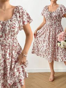 Flirla Plus Size Drawstring Elastic Waist Ditsy Floral Casual Dress - Multicolor - View 1